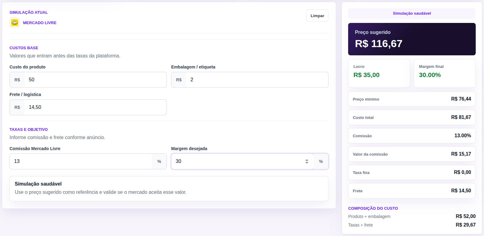 Calculadora de preço do EmpreenderHub mostrando preço sugerido, lucro, margem e composição de custo
